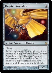 Thopter Assembly
 Flying
At the beginning of your upkeep, if you control no Thopters other than Thopter Assembly, return Thopter Assembly to its owner's hand and create five 1/1 colorless Thopter artifact creature tokens with flying.
